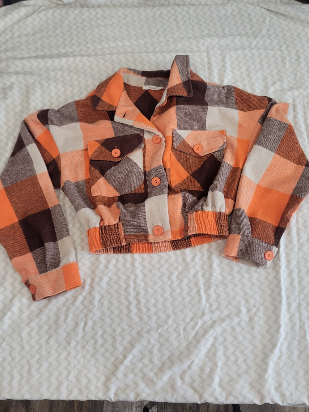 Timing Cropped Plaid Jean Shacket in Orange, Brown & Cream - Picture 4 of 14